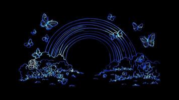Neon glow effect rainbow with fluffy clouds on black background video