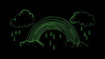 Neon glow effect rainbow with fluffy clouds on black background video