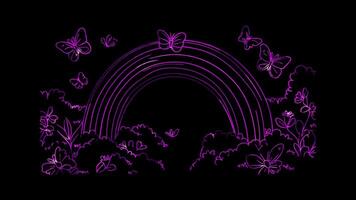 Neon glow effect rainbow with fluffy clouds on black background video