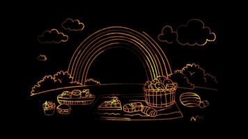Neon glow effect rainbow with fluffy clouds on black background video
