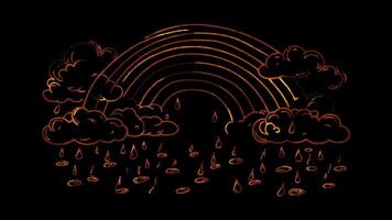 Neon glow effect rainbow with fluffy clouds on black background video