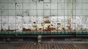 A rusted pipe sits on the ground in front of a wall with green and white tiles. Minimalist photography photo