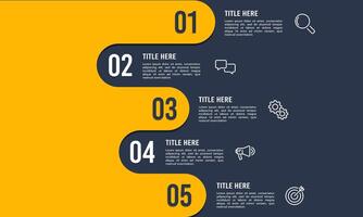 Infographic 5 steps or options to success on yellow and black background. Milestone, roadmap, timeline, planning and business presentation. vector