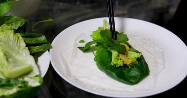 spring rolls Summer rolls with fresh vegetables and meat and peanut sauce. Vietnamese appetizer. Salad spring rolls with pork. Healthy food concept video