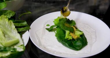 spring rolls Summer rolls with fresh vegetables and meat and peanut sauce. Vietnamese appetizer. Salad spring rolls with pork. Healthy food concept video