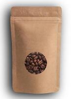 Blank brown Kraft paper bag with coffee beans in transparent window on white background. Packaging template mockup collection with clipping path photo