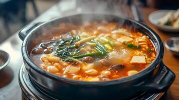 A pot of soup with vegetables and meat on top photo