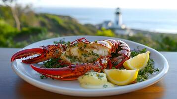 Freshly caught lobster served with melted butter, lemon wedges, and herbs on a white plate with a seaside backdrop featuring a lighthouse and ocean photo