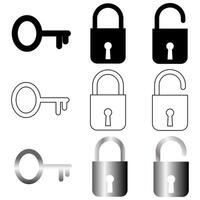 Set of padlocks or locks and key in silhouette, white with black outline and a gradient fill isolated on a white background vector