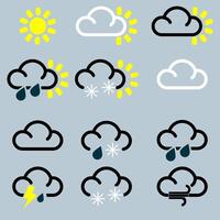 Set of Weather icons showing rain, sun, cloud, Sleet and Lightening etc for weather forecast vector