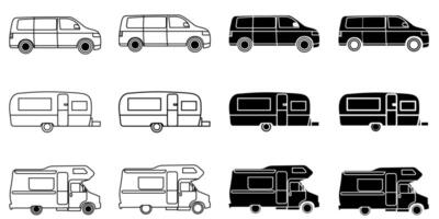 Set of Campervans, Caravans and Motor Homes in Black and white, white and black and knockout versions with a transparent outline vector