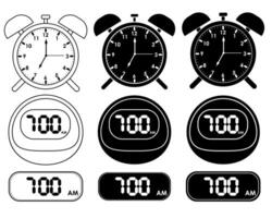 Alarm ClocksSet of Alarm clocks in Analogue and Digital versions in Black and White, White and Black and Black with a knockout stroke vector