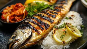 A close-up of a perfectly grilled Korean fish, charred to golden perfection, served with a side of rice, kimchi, and garnished with slices of lemon and herbs photo