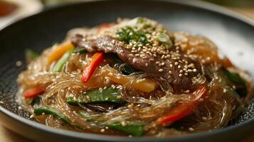 A close-up shot of a beautifully plated Japchae, stir-fried glass noodles with vegetables and beef, drizzled with sesame seeds and soy sauce, showcasing intricate textures photo