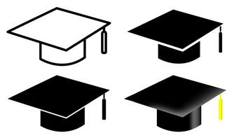 Set of University graduation hats in White and black, black and white, knockout and gradient versions vector