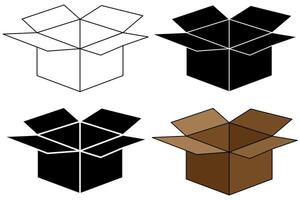 Set of open cardboard boxes in White and black, black and white, knockout and colour versions. Parcel or moving concept vector