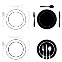 Set of Knives, Forks and spoons with a plate in Black and white, and silhouette versions isolated on a white background vector