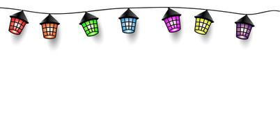 Hanging Christmas lantern style lights banner, bright Xmas lights background isolated on a transparent background vector
