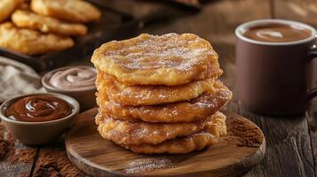 A stack of golden fried beaver tails dusted with cinnamon sugar, served on a wooden board with dipping sauces and a cup of hot cocoa photo