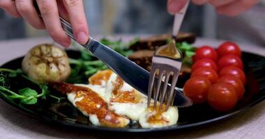 grilled cheese halloumi fried cheese on plate delicious expensive food Learn to cut and serve grilled Halloumi cheese with care for a better dining experience video