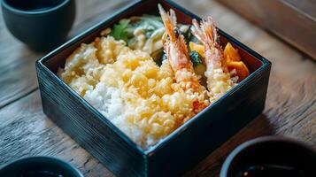 A traditional Japanese bento box filled with tempura shrimp, rice, pickled vegetables, and tamagoyaki, placed neatly on a wooden table with a simple black tea cup photo