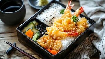 A traditional Japanese bento box filled with tempura shrimp, rice, pickled vegetables, and tamagoyaki, placed neatly on a wooden table with a simple black tea cup photo