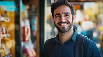 A man is smiling in front of a store video