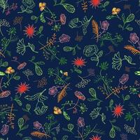 A botanical inspired non directional pattern featuring an intricate arrangement of hand drawn flowers, leaves, and delicate branches on a neutral dark violet background. vector