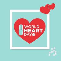 World Heart Day design, with red heart shapes, tablets, capsule, and a beautiful background vector