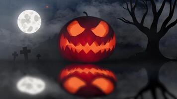 Halloween pumpkin face background with fireflies, night cemetery, full moon misty, trees without leaves and swamp water. video