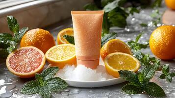 A gentle face scrub tube surrounded by vibrant citrus slices and mint leaves, with fresh droplets of water, symbolizing refreshing exfoliation and brightening photo