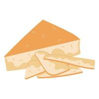 triangular piece parmesan cheese in a group with thin slices. slice of triangular cheese is one whole. Hard, delicious cheese. isolated item of dairy product. illustration highlighted on white vector
