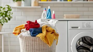 A pile of unwashed clothes spilling out of a basket near a white washing machine, with detergent bottles and laundry tools neatly organized on a shelf above photo