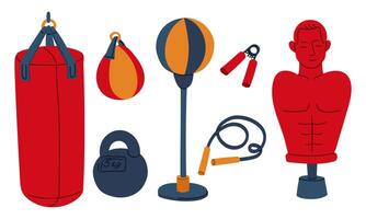 set of flat objects for training boxers. Boxing kettlebell suspended, on rack, human form, jump rope, expander, kettlebell. collection sporting goods in red, blue, yellow colors. Highlighted on white vector