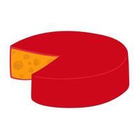 A circle with a carved triangle of cheese, round yellow in red wax. illustration of porous dairy products in a flat style. An isolated product on a white background. Cute print is simple vector