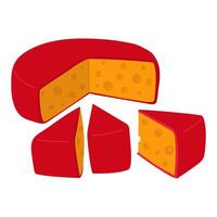 circle with of cut pieces of cheese triangles, round yellow in red wax. illustration of porous dairy products in a flat style. An isolated product on a white background. Cute print is simple vector