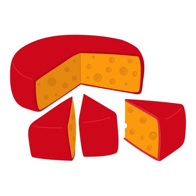 circle with of cut pieces of cheese triangles, round yellow in red wax. illustration of porous dairy products in a flat style. An isolated product on a white background. Cute print is simple