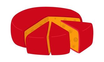 circle with a group of cut pieces of cheese triangles, round yellow in red wax. illustration of porous dairy products in a flat style. An isolated product on a white background. Cute print vector