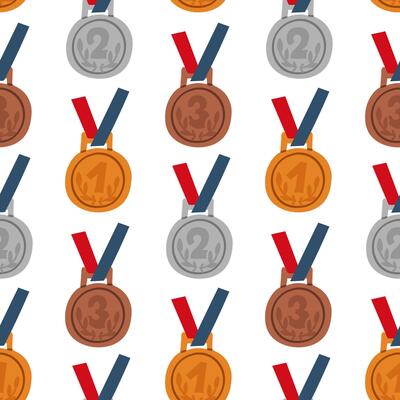 A pattern of gold, silver, and bronze medals for first, second, and third places, round metals suspended by blue and red ribbons. Repetitive flat graphic design on white. Winnings, places