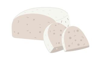 piece of Feta cheese in a flat style, highlighted on a white background. A whole piece of pressed molded dairy product with sliced pieces. White Greek curd cheese made from sheep's milk or milk beans. vector