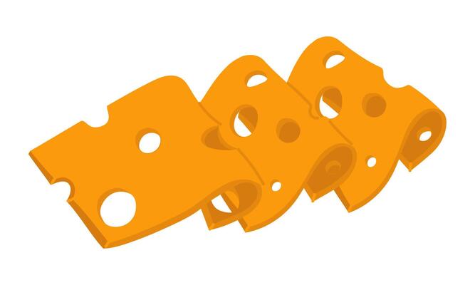 Slices of yellow cheese in a group, flat. Square slices cheese with holes, insulated slice of Swiss cheese with holes, dairy products breakfast, modern illustration of cheese with slices white