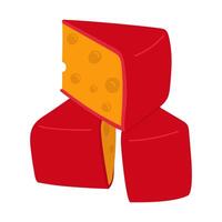 group of triangular pieces yellow cheese stand on top of each other, covered with red wax. illustration of porous dairy products in a flat style. An isolated product on a white background. Flat vector