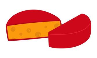 A circle cut in half of cheese, round yellow in red wax . illustration of porous dairy products in a flat style. An isolated product on a white background. Cute print simple sideways vector