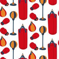 pattern of flat objects for training boxers. hanging boxing bag, on a rack, boxing glove. Part of the sporting goods in red, blue, yellow colors on white for boxing. flat seamless texture is repeated vector