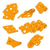 set of various thinly sliced slices of yellow cheese with holes. flat illustration of cheeses in different positions, groups and isolated slices, a modern collection of pieces of dairy products vector