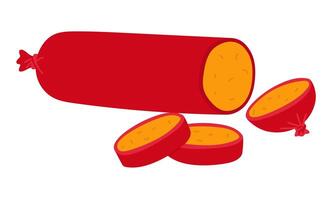 Sausage cheese in red wax in a flat style cut into slices. illustration of an elongated stick of a dairy product. An isolated product on a white background. Cute simple print drawn sideways vector