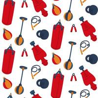 A pattern of flat objects for training boxers. Boxing kettlebell suspended, on a rack, human form, jump rope, expander, kettlebell. Part of the sporting goods in red, blue, yellow colors on white vector