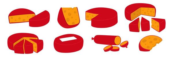 set of various triangular, round slices of yellow cheese with holes in red wax. flat illustration of cheeses in different positions, slicing, isolated, modern collection of pieces of dairy products vector