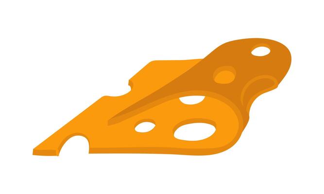 Slices of yellow cheese are flat. Square slice of cheese with holes bend, insulated slice of Swiss cheese with holes, dairy breakfast food, modern illustration of cheese with slices on white