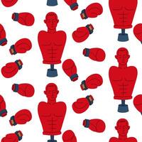 pattern of flat objects for training boxers. human-shaped boxing bag, rack with a boxing glove. Part sporting goods in red, blue, yellow colors on white for boxing. flat seamless texture is repeated vector